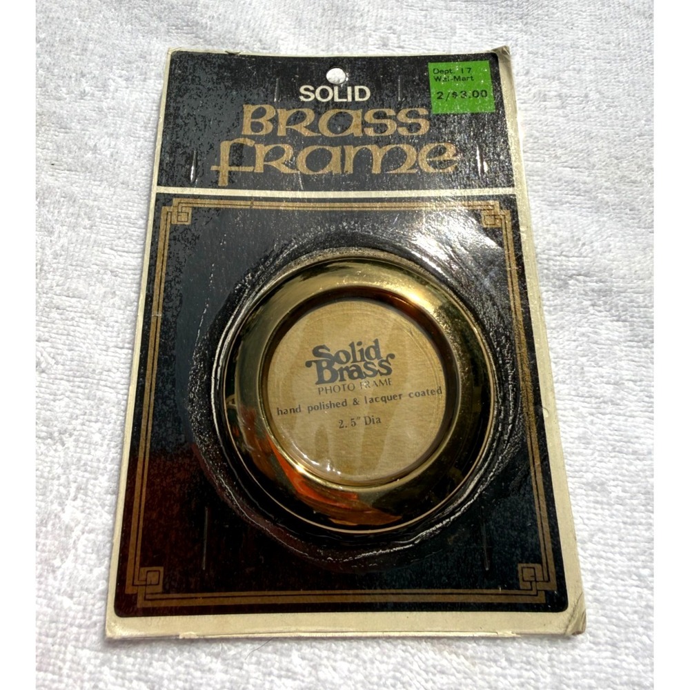 Title Vintage Solid Brass Round Photo Frame 2.5" Korea NOS Sealed On Card